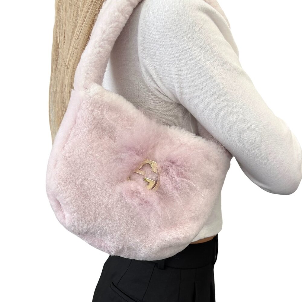 GUCCI Vintage GG Logo Fur Shoulder Bag Handbag Pochette Light Pink Gold [106445]